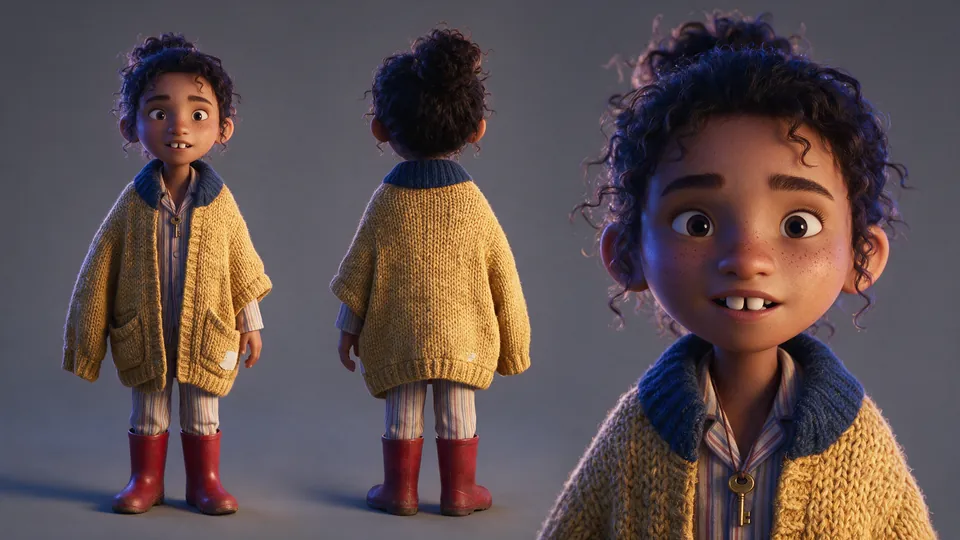 Character sheet: the girl in the yellow cardigan and red boots, front, back and close-up