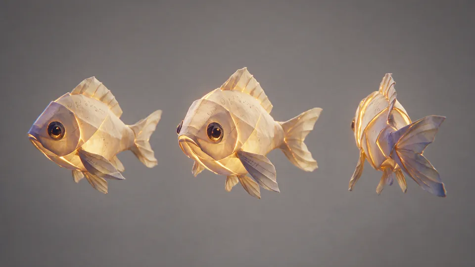 Character sheet: the glowing paper fish from three angles